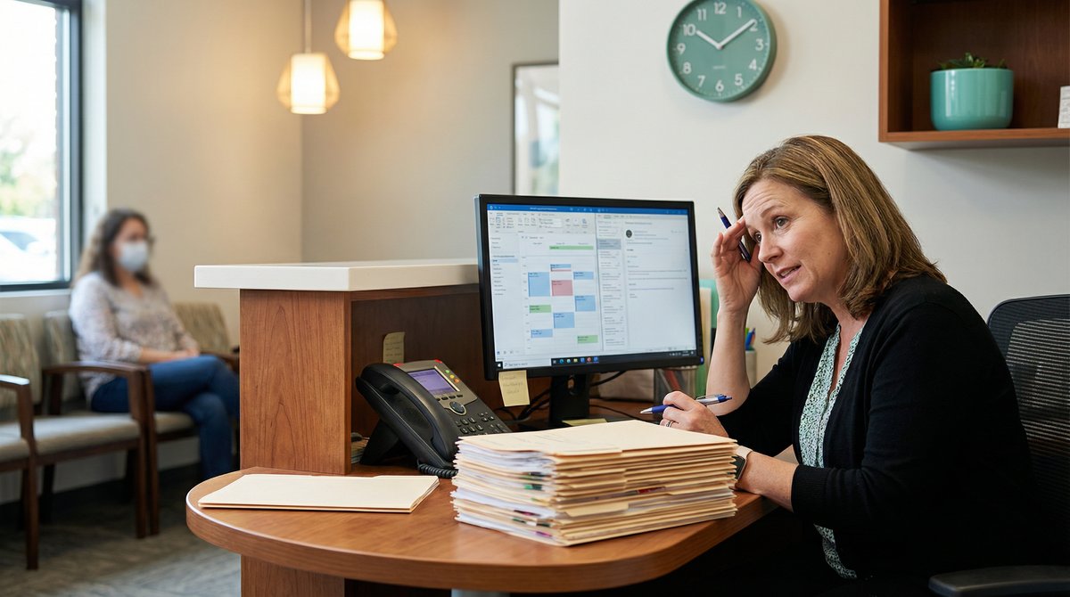 Overwhelmed healthcare administrator at busy medical office front desk