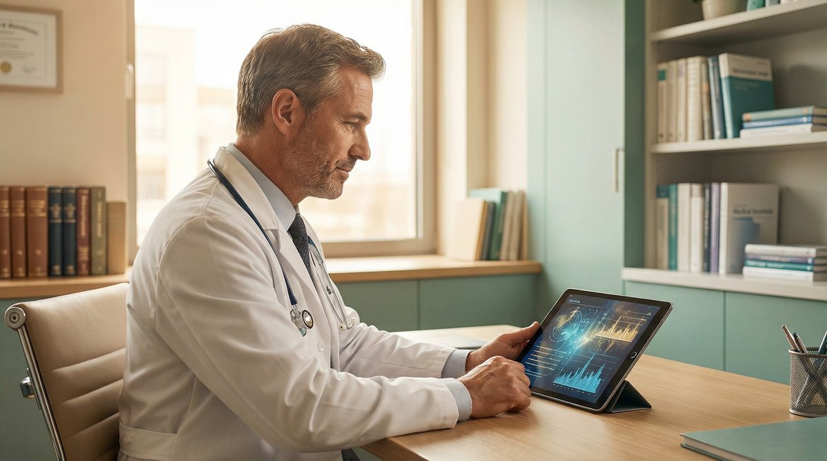 Doctor reviewing AI analytics data on tablet in medical office