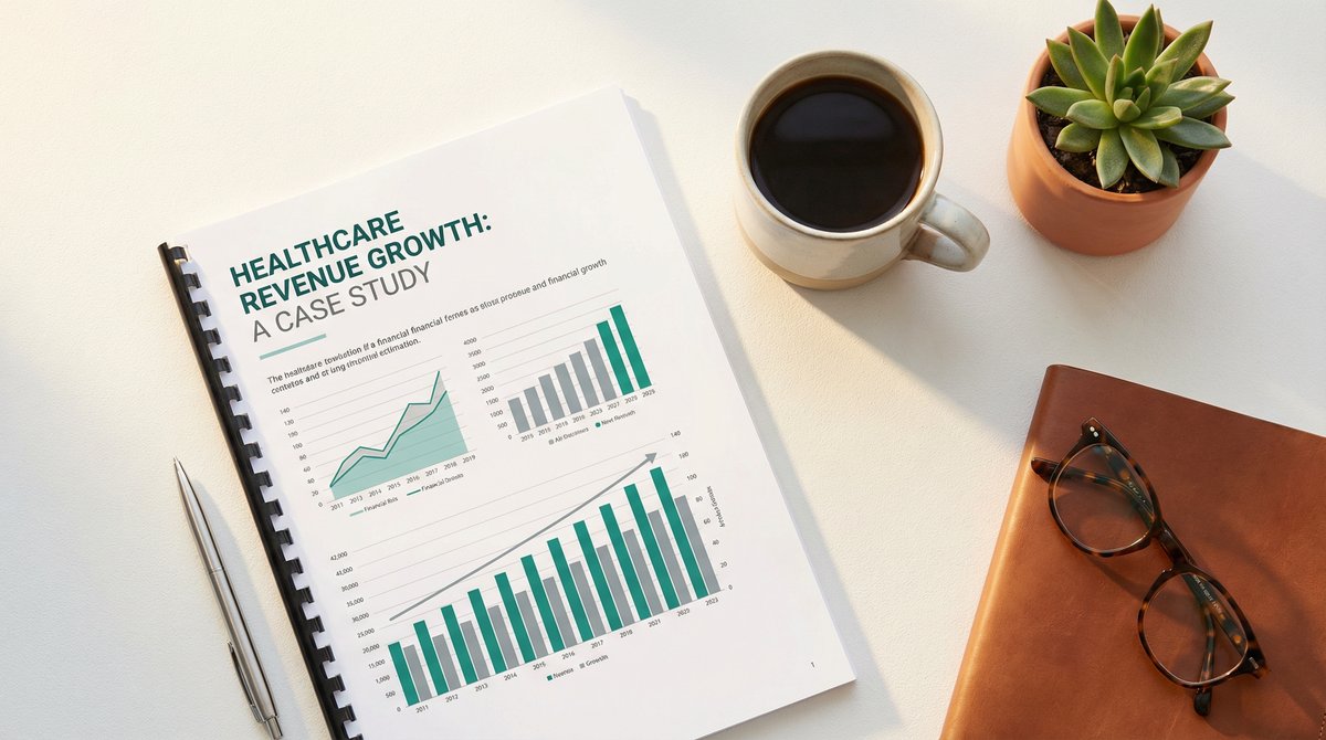 Healthcare revenue growth report with financial charts on desk