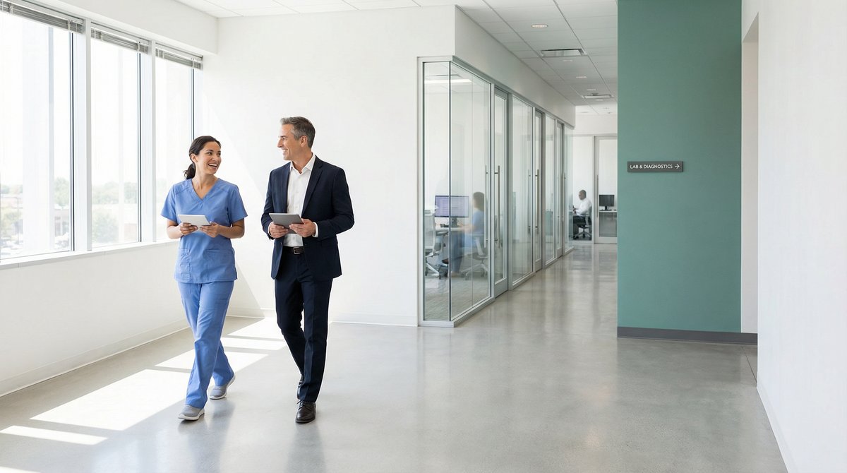 Healthcare professionals walking and collaborating in modern medical facility hallway