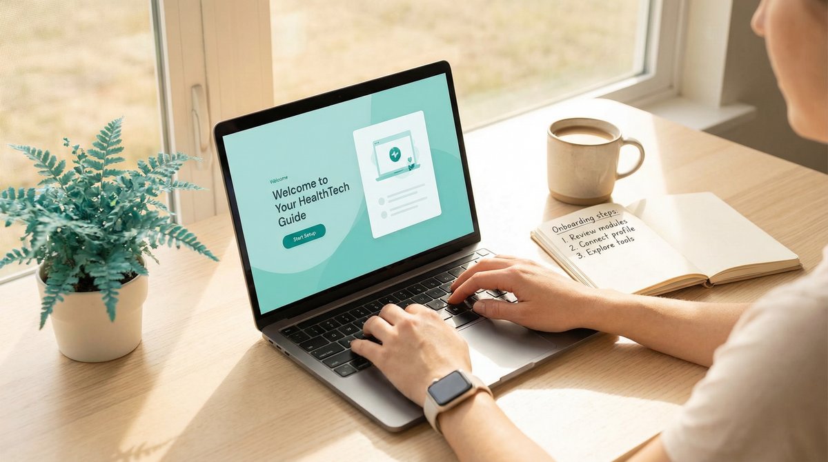 Person setting up FlowPod onboarding guide on laptop with notebook