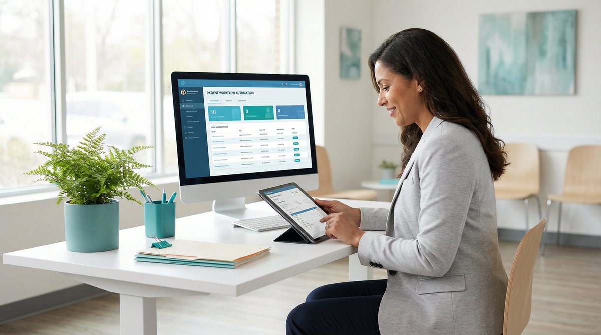 Healthcare administrator using workflow automation dashboard on computer and tablet