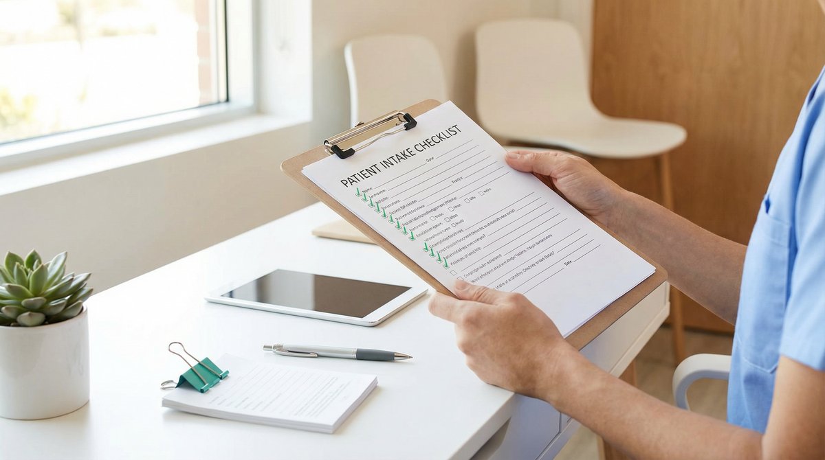 Healthcare worker reviewing patient intake checklist on clipboard