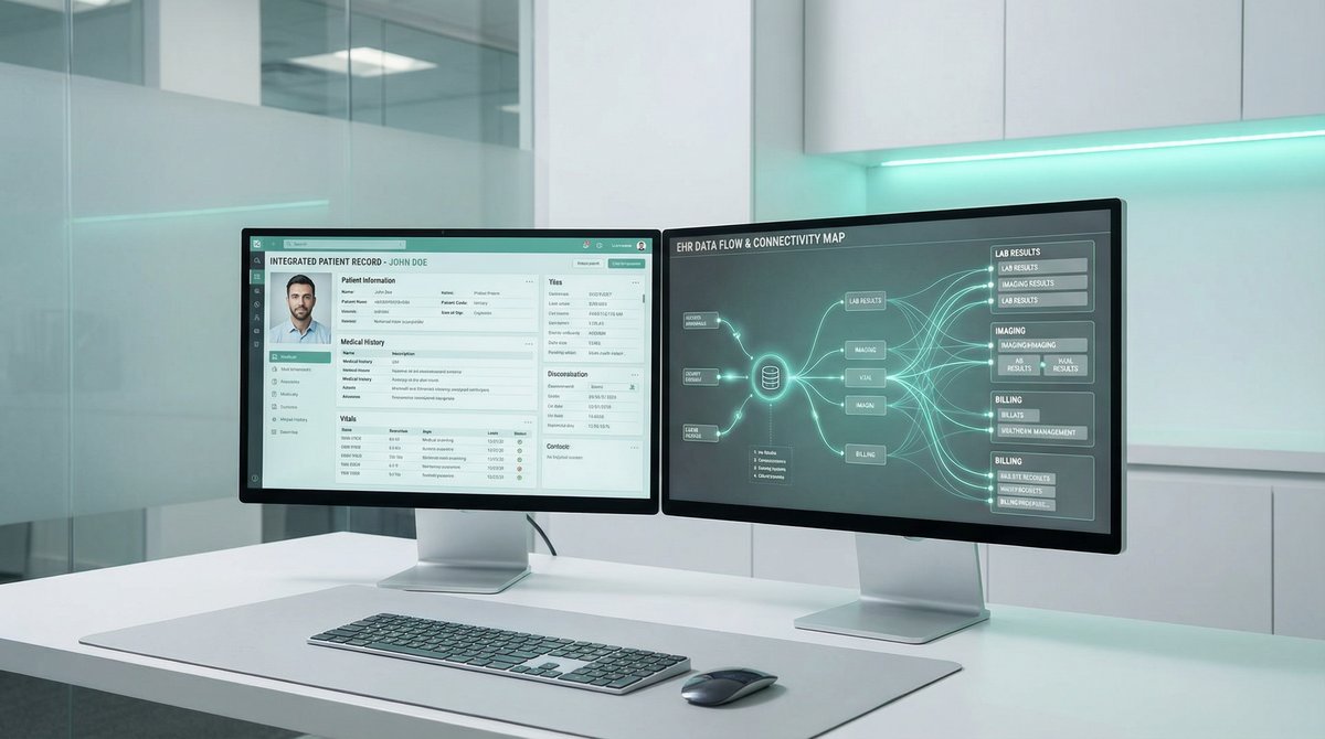 Dual monitor setup showing EHR patient records and data flow connectivity map