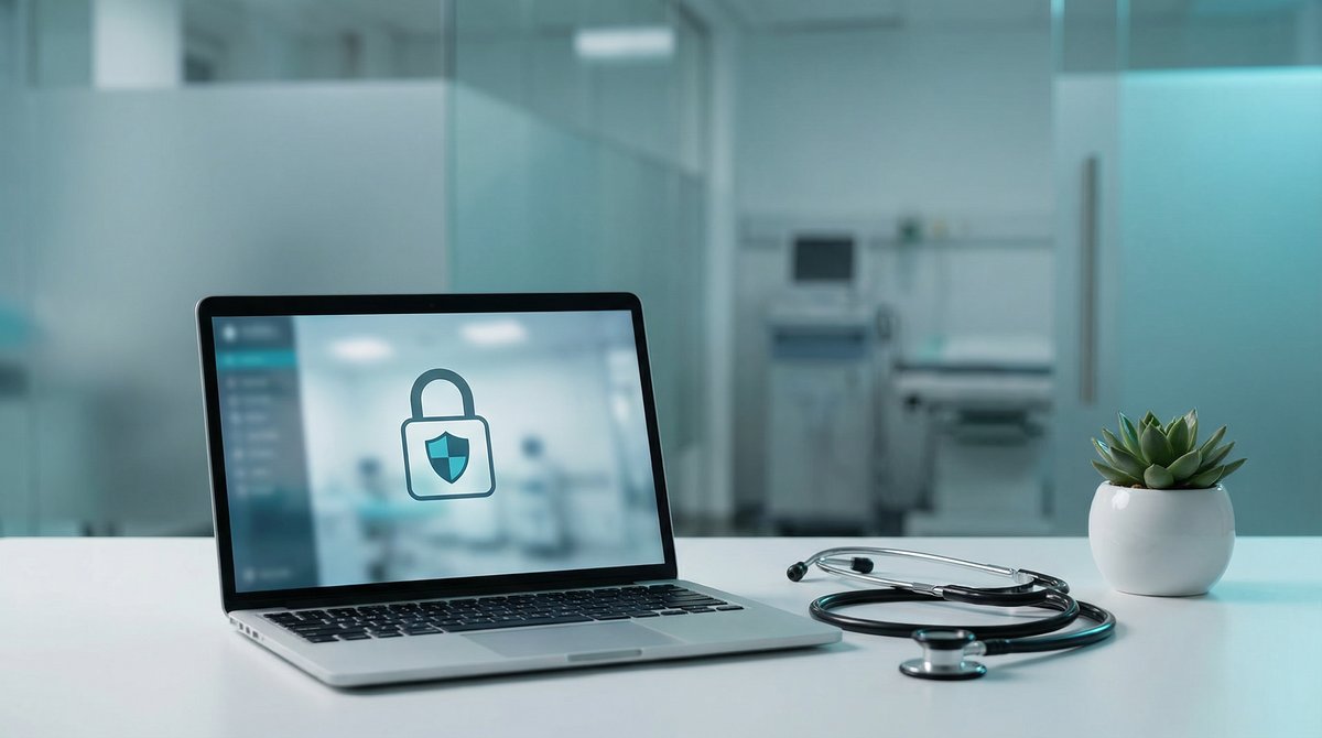 Laptop showing security lock icon with stethoscope in medical office